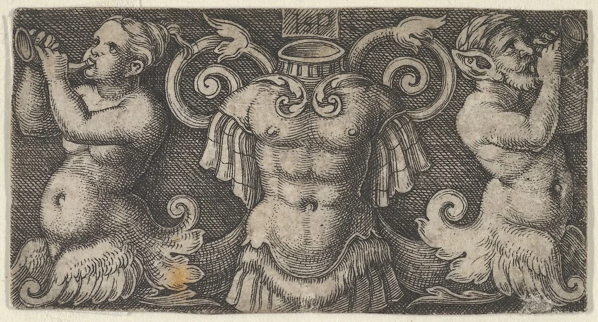 Horizontal Panel with Armour at Center, Flanked by Two Tritons Playing the Horn — Sebald Beham