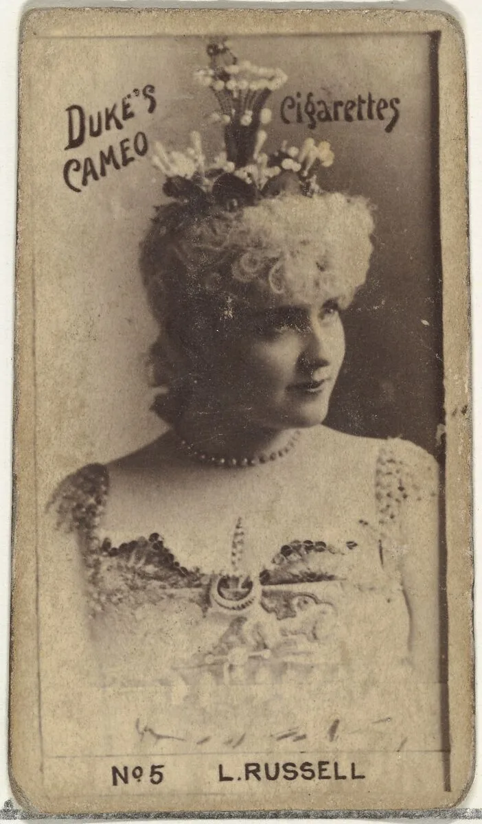 Card Number 5, Lillian Russell, from the Actors and Actresses series (N145-4) issued by Duke Sons & Co. to promote Cameo Cigarettes — W. Duke, Sons & Co.