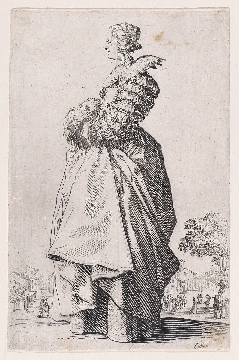 La Dame de Profil Ayant les Mains dans son Manchon (The Lady in Profile Having her Hands inside of her Muff), from La Noblesse (The Nobility) — Jacques Callot