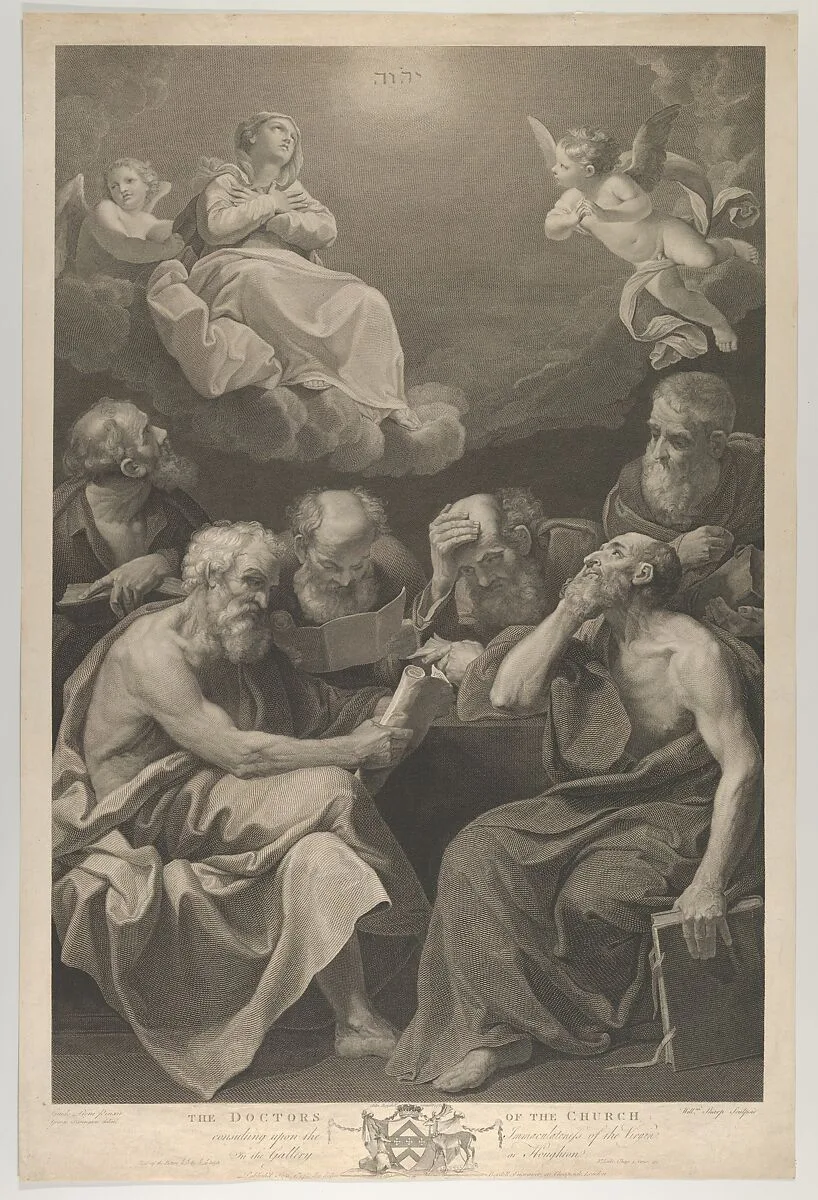 The doctors of the church consulting books and documents and contemplating the Virgin who is shown above in heaven, flanked by angels, after Reni — Guido Reni|John Boydell|William Sharp|George Farington