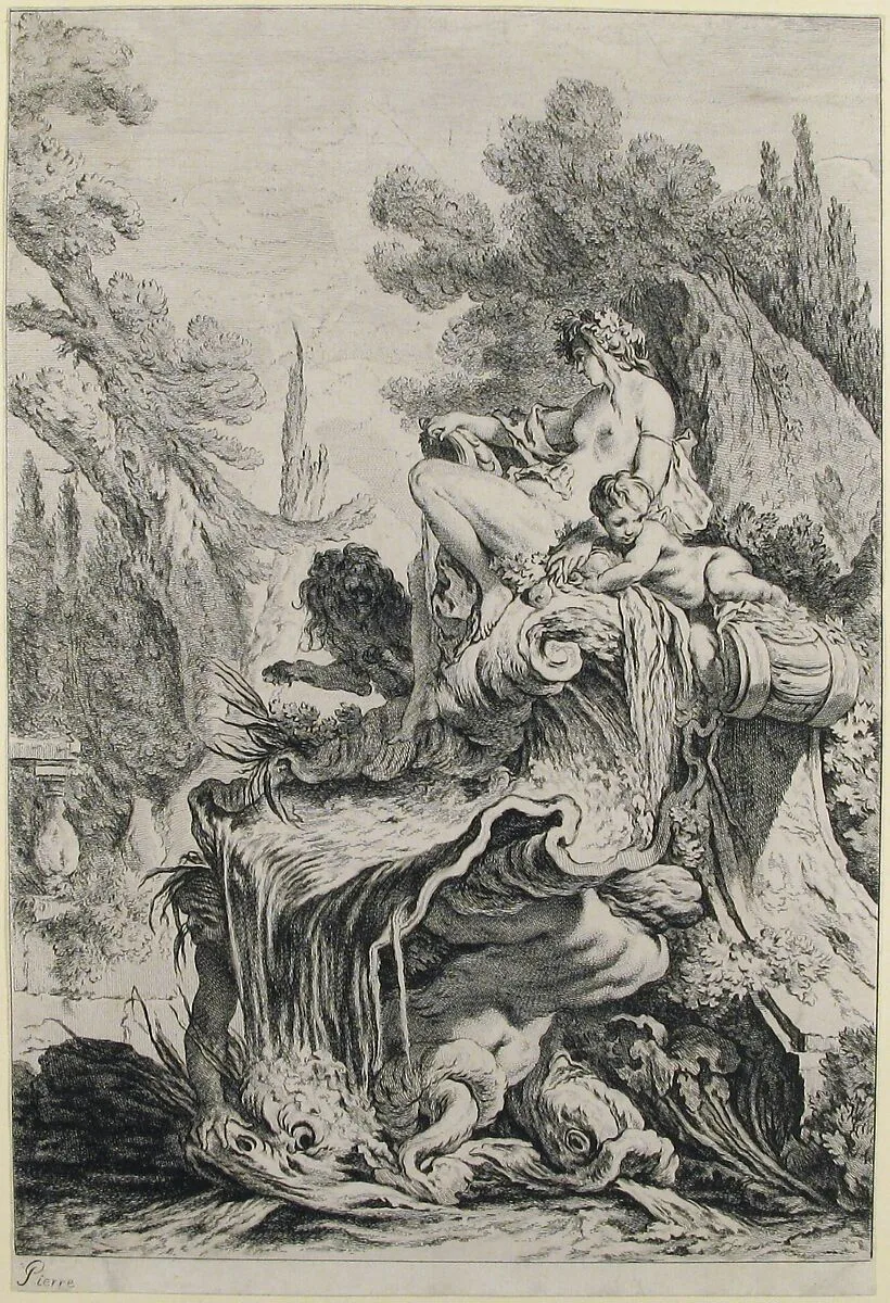 Fountain with a Naiad Seated on a Shell (Une fontaine avec une näiade assise sur une conque) — Jean-Baptiste Marie Pierre