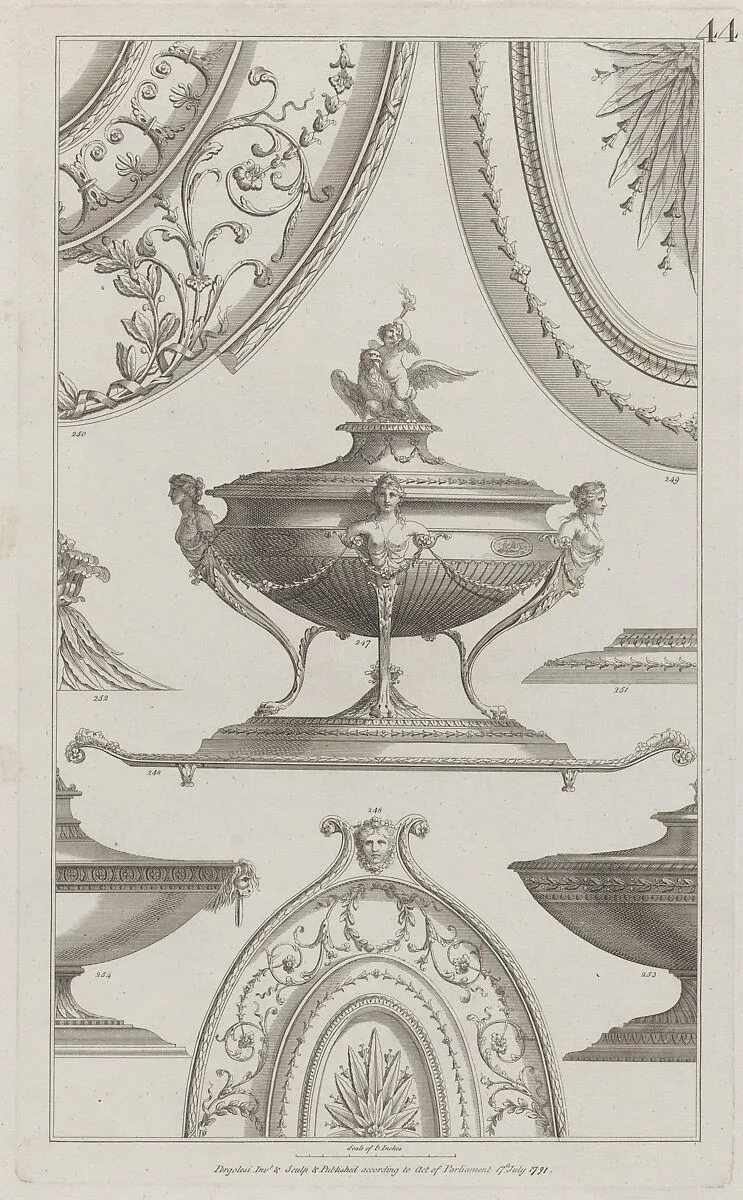 Vases and Vessels, nos. 248–254, plate 44 from "Designs for Various Ornaments" — Michelangelo Pergolesi