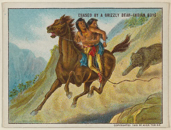 Chased by a Grizzly Bear-Indian Boys, from the "Indian Life in the 60's" series (T73), issued with Hassan Cork Tip Cigarettes by the American Tobacco Company — American Tobacco Company