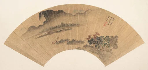 明/清 潘雲馭 秋江落照 扇|Setting Sun on the Autumn River