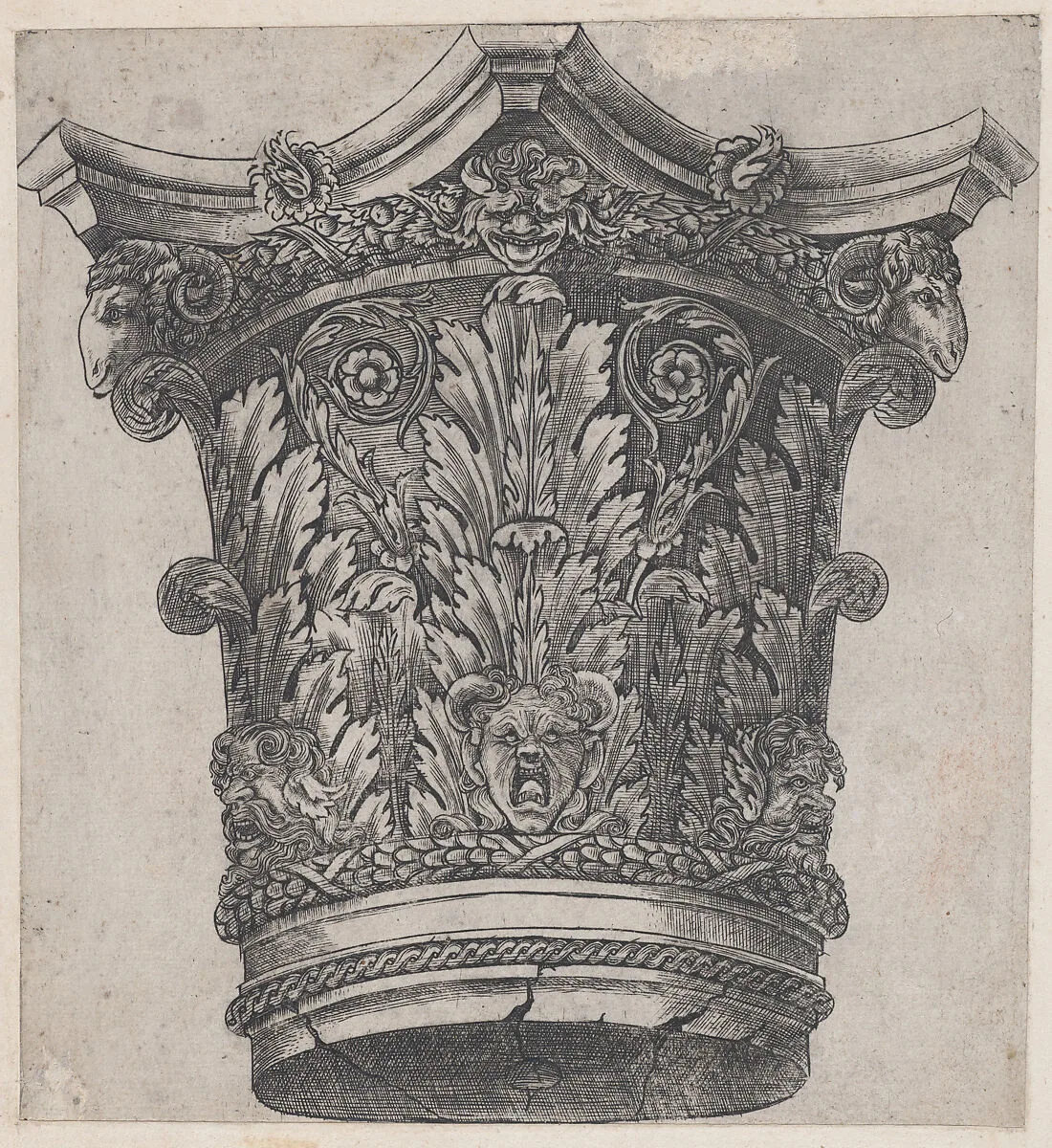 Speculum Romanae Magnificentiae: Capital with ram heads and masks — Monogrammist G.A. & the Caltrop