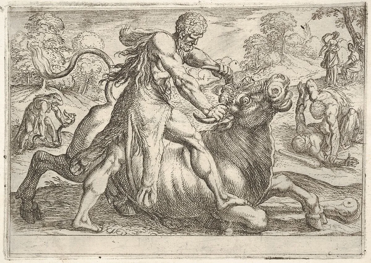 Hercules and Achelous: at center Hercules grasps the horns of a bull while pressing his right foot onto its leg, at left Hercules wrestles a serpent, at right Hercules wrestles a male figure on the ground, from the series 'The Labors of Hercules' — Antonio Tempesta