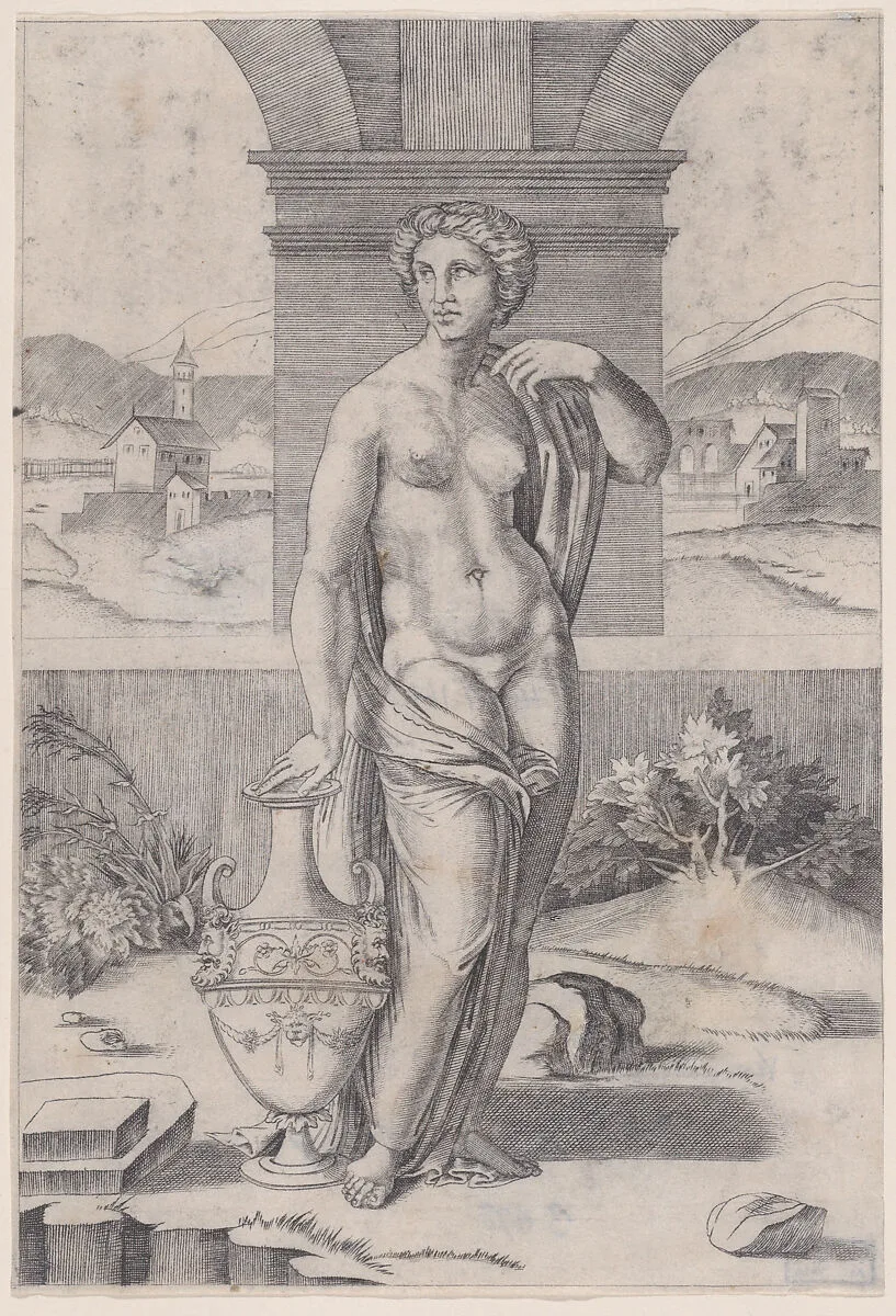 Woman Standing near a Vase — Agostino Veneziano (Agostino dei Musi)|Giulio Romano|Raphael (Raffaello Sanzio or Santi)
