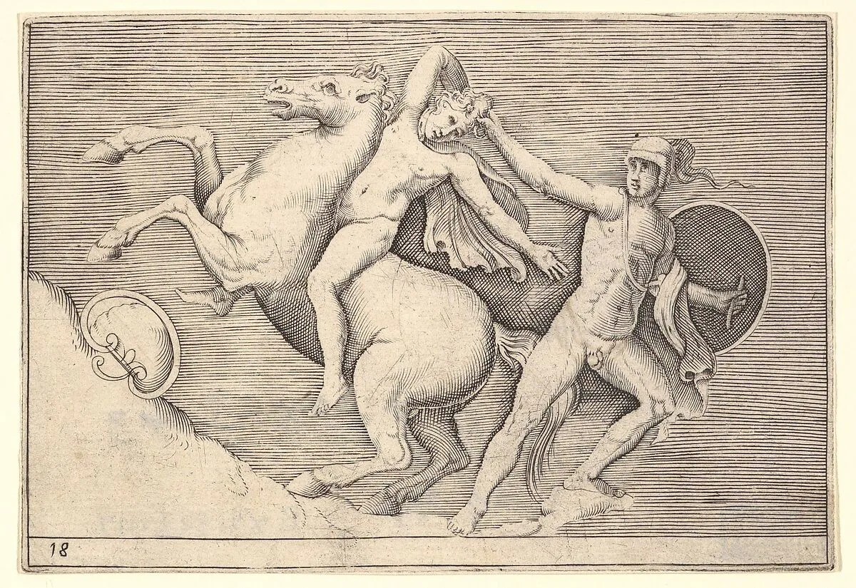 Warrior Pulling a Rider from His Horse, from "Ex Antiquis Cameorum et Gemmae Delineata/ Liber Secundus/et ab Enea Vico Parmen Incis" — Enea Vico|Anonymous, Italian, 16th century|Battista Franco|Philippe Thomassin|Francesco Angeloni