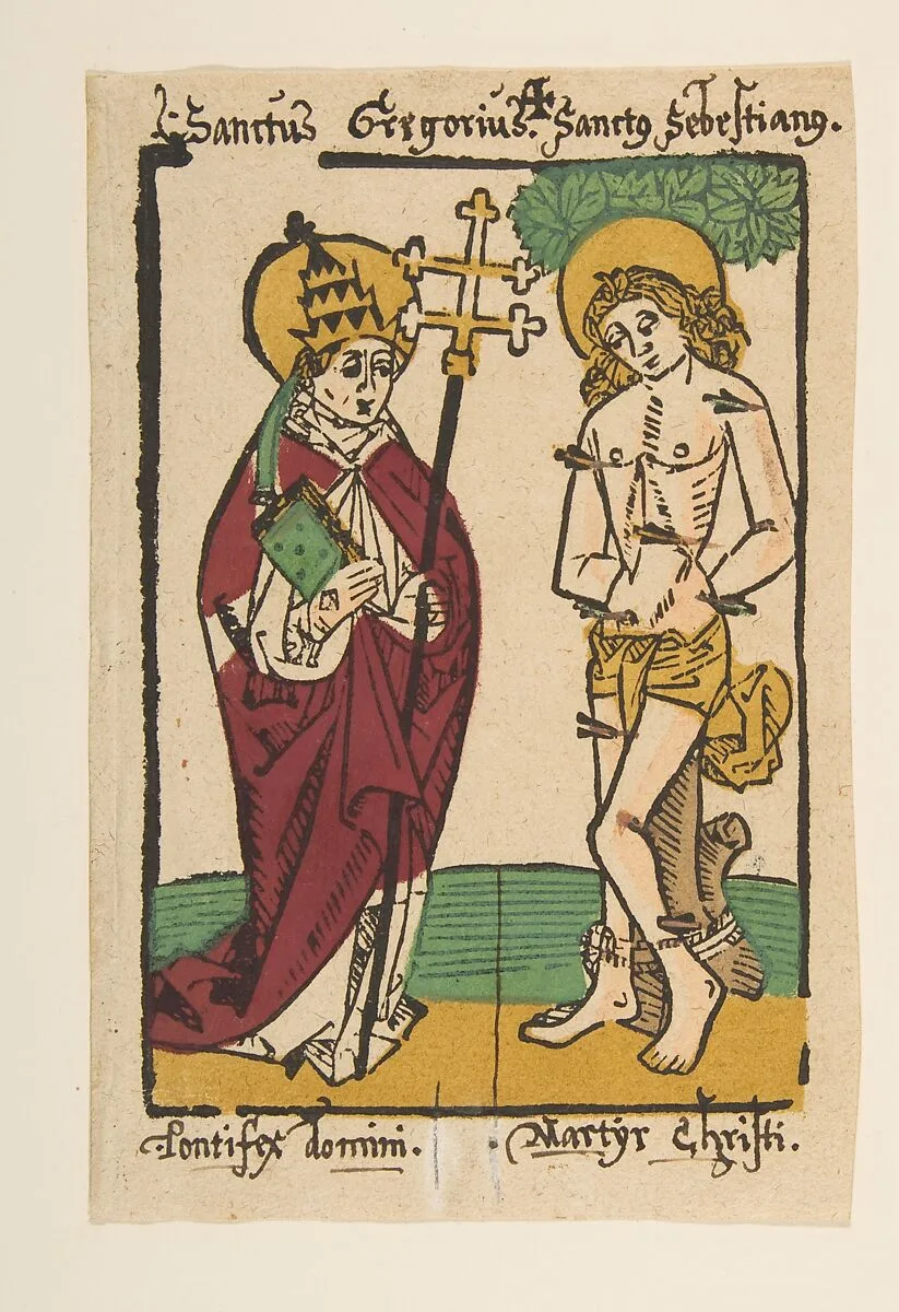 St. Gregory and St. Sebastian (Schr. 1493x) — Anonymous, German, 15th century