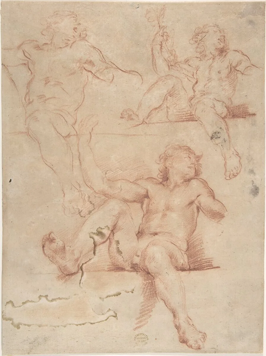 Three Studies of Seated Nude Male with Raised Arm, Seen from Below. — Anonymous, Italian, Bolognese, 17th century