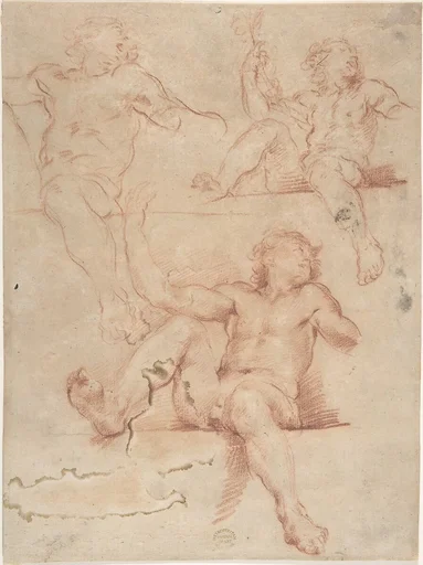 Three Studies of Seated Nude Male with Raised Arm, Seen from Below.