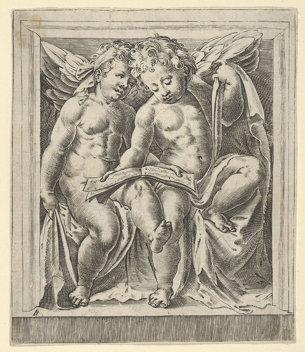 Two seated angels, facing left, reading from a song book, from The Angels' Concert — Cherubino Alberti (Zaccaria Mattia)|Polidoro da Caravaggio