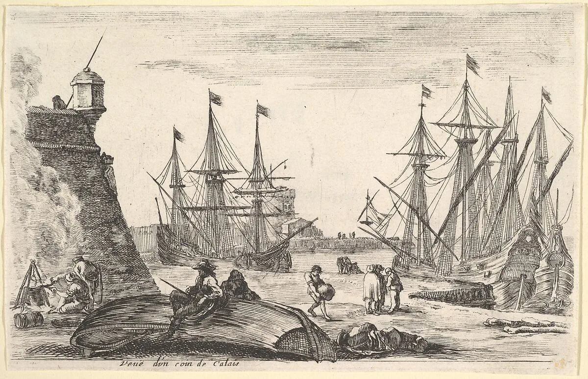 View of a part of Calais (Veue d'un coin de Calais), a man sitting on an overturned canoe on the pier in center, men cooking over a fire to left, various figures and two ships docked in the background, from 'Views of seaports' (Vues de ports de mar) — Stefano della Bella