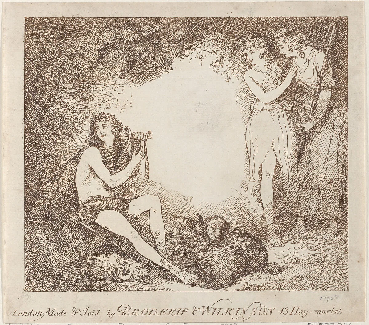 Apollo, Lyra and Daphne (Trade card illustrating "Marian, an Opera") — Broderip and Wilkinson|Thomas Rowlandson|Angelica Kauffmann