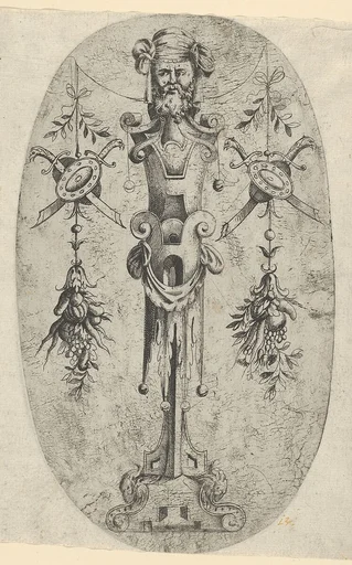Male Terminal Figure; Head with Beard and Turban on a Three-Quarter Strapwork Pedestal