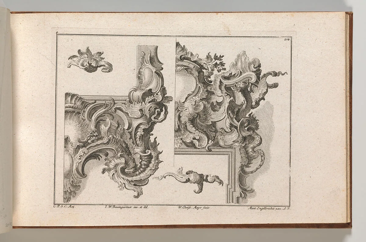 Suggestion for the Decoration of Lower Right and Top Right of an Altar Frame, Plate 4 from an Untitled Series with Rocailles Ornaments for Altar and Door Frames — Wolffgang Christoph Mayr|Martin Engelbrecht|Johann Wolfgang Baumgartner