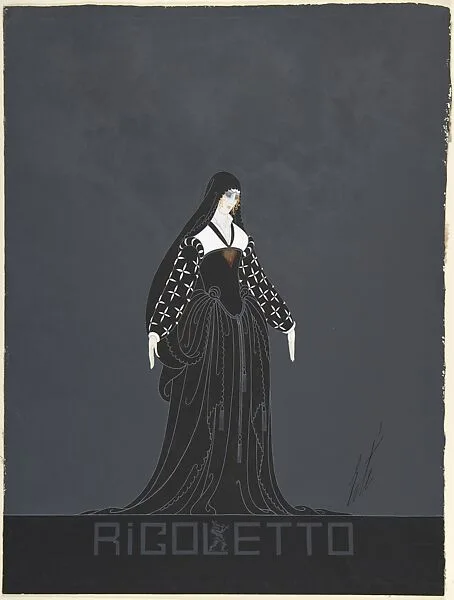 Design for Black Dress with Gold Heart Pendant for Ganna Walska in "Rigoletto" by the Chicago Opera Company — Erté (Romain de Tirtoff)