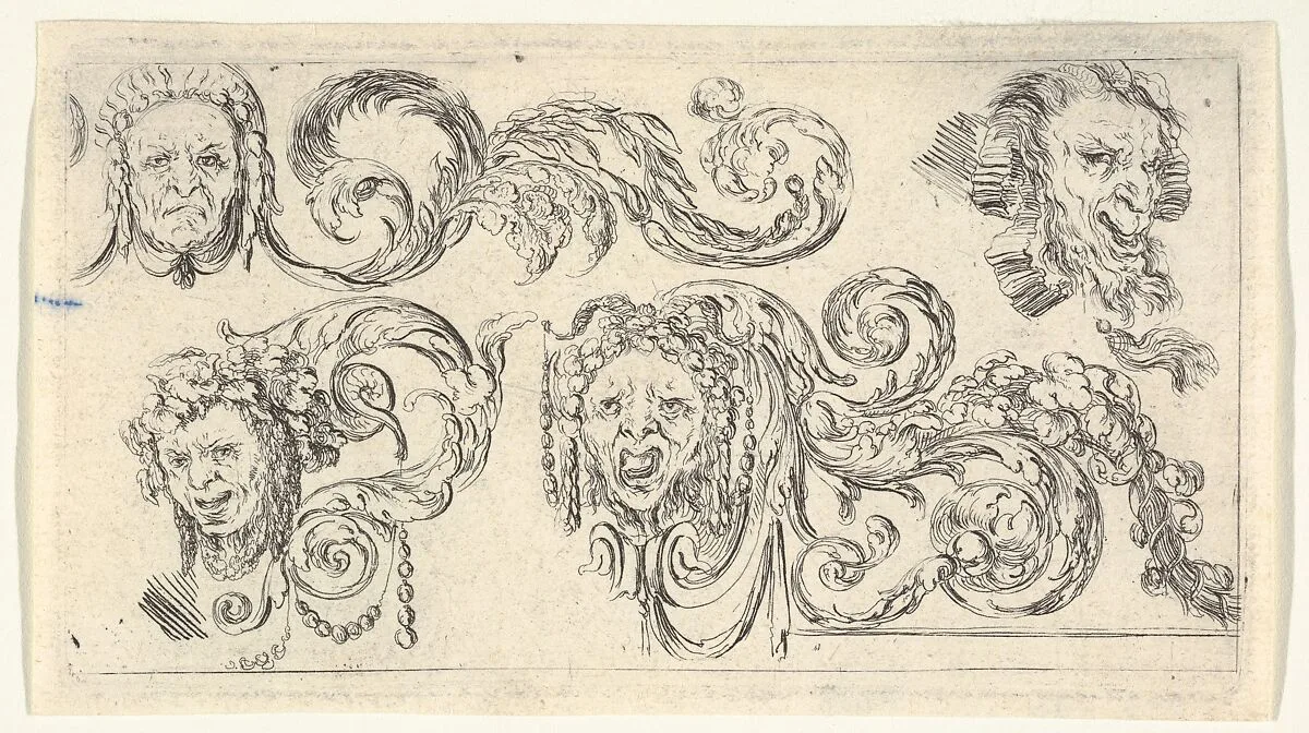 Plate 8: four grotesque heads with scrollwork, from 'Friezes, foliage, and grotesques' (Frises, feuillages et grotesques) — Stefano della Bella