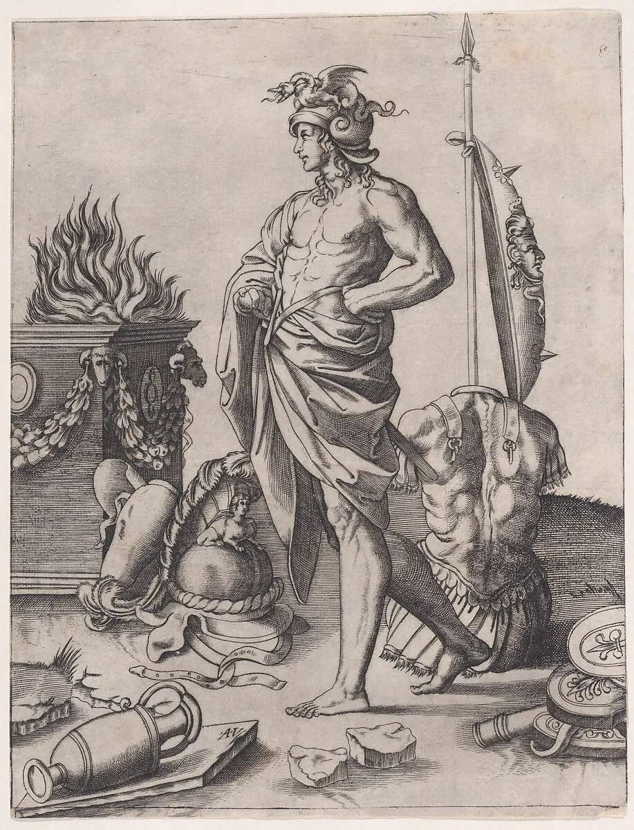A Young Warrior Standing by an Altar, after Raphael — Agostino Veneziano (Agostino dei Musi)|Raphael (Raffaello Sanzio or Santi)