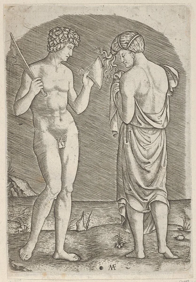 A naked man at left showing an axe to a woman at right — Marcantonio Raimondi