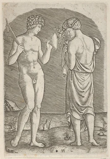 A naked man at left showing an axe to a woman at right