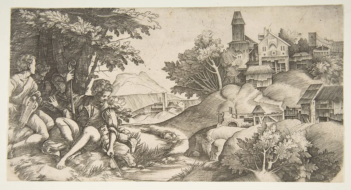 At left four shepherds with musical instruments seated under a group of trees; at right a hilly landscape with buildings — Giulio Campagnola|Domenico Campagnola