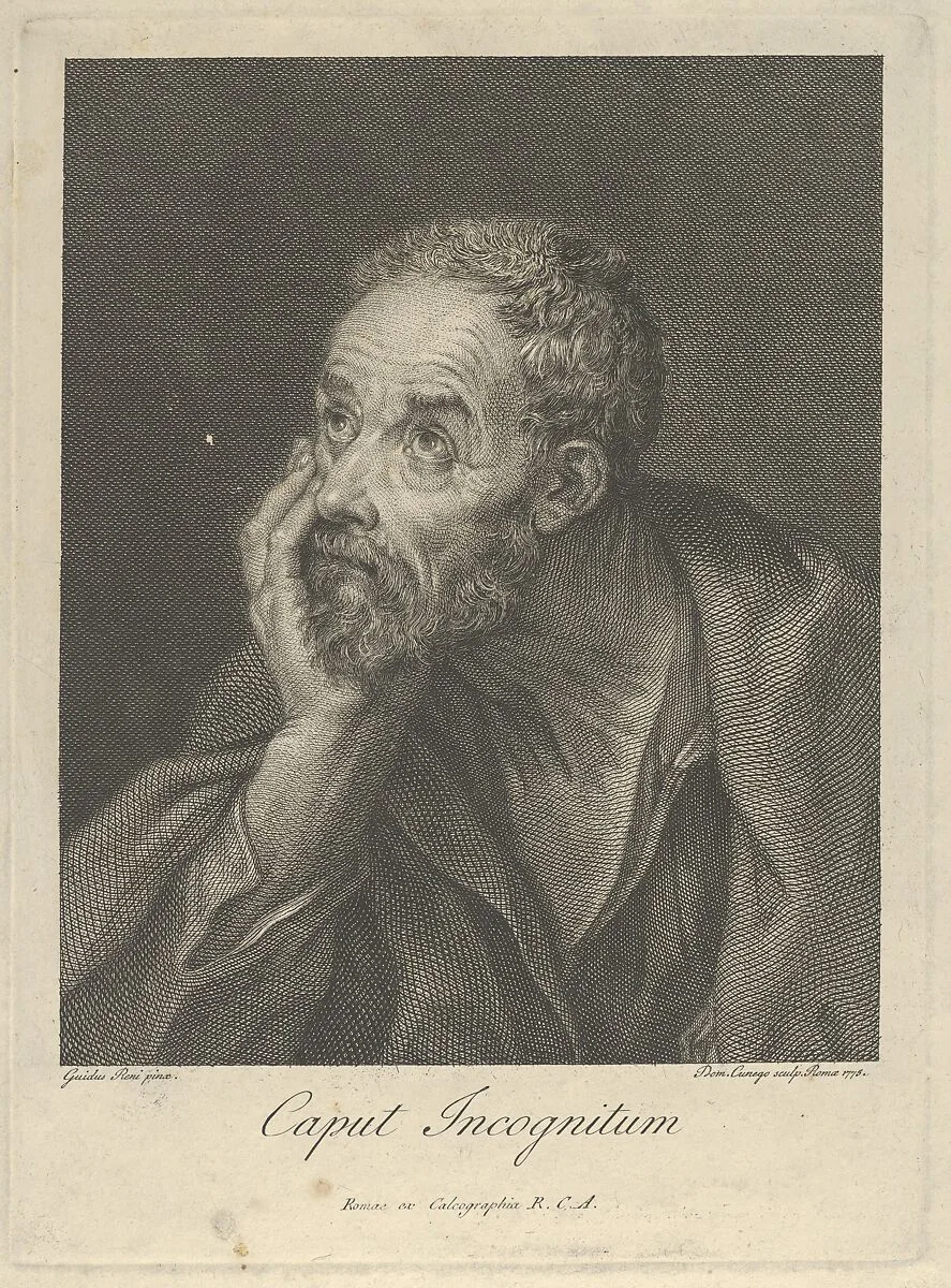 An old bearded man resting his head on his right hand and looking upwards to the left, after Reni — Guido Reni|Domenico Cunego