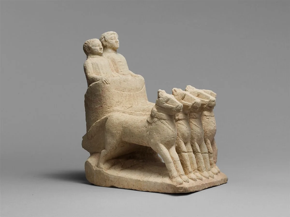 Limestone votive chariot with four horses and two figures — Unknown