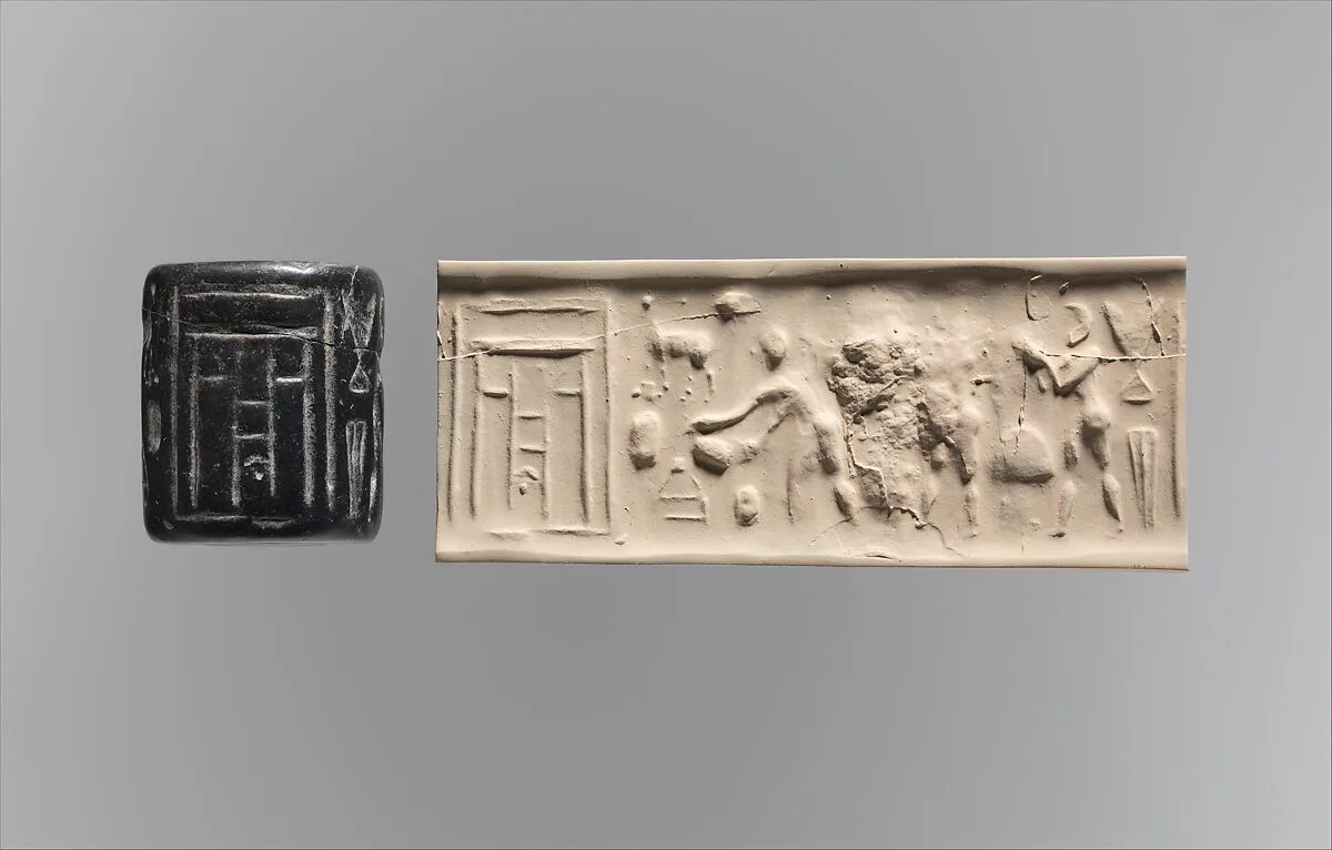 Cylinder seal and modern impression: ritual scene before a temple facade — Unknown