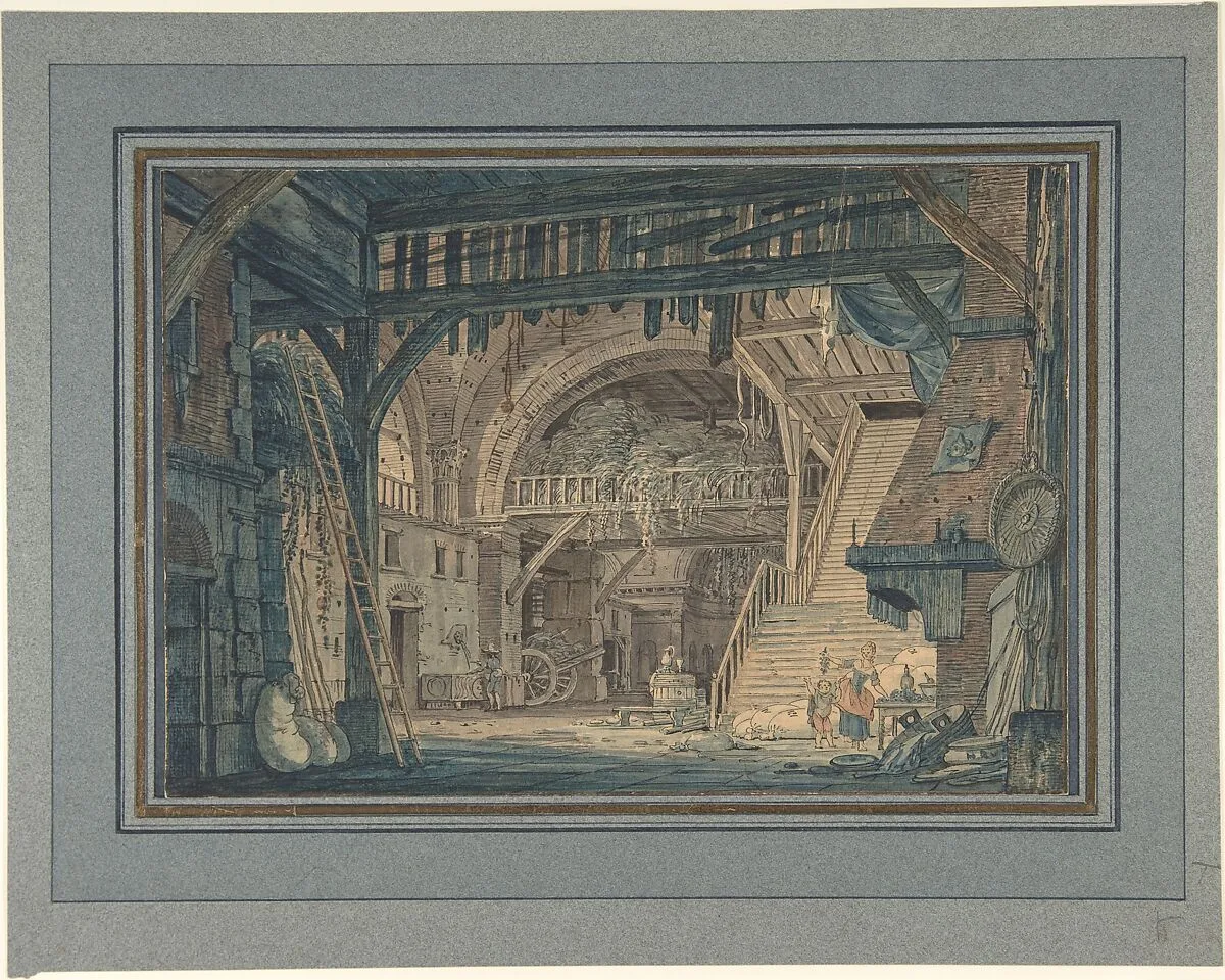 Stage Set Design of an Ancient Roman Ruin being Converted into a Barn — Johann Heinrich Ramberg