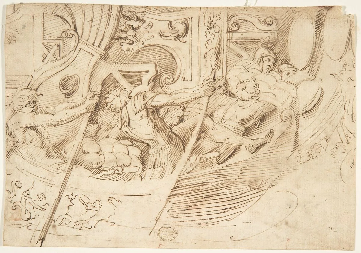 Ancient Naval Battle (Recto); Park with Monuments (Verso) — Anonymous, Italian, 16th century