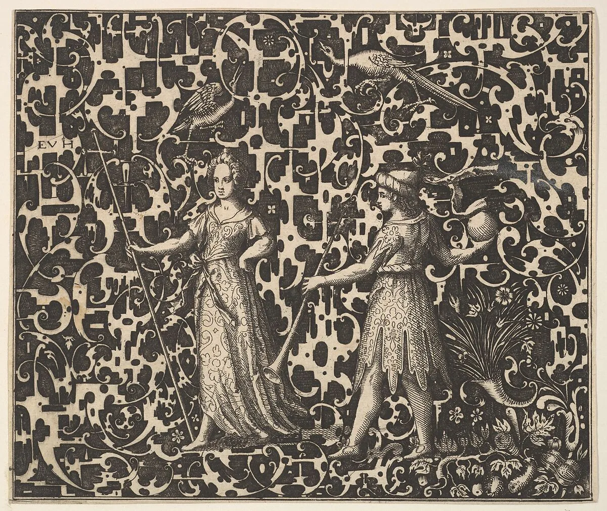 Ornament Print with Schweifwerk and Two (Allegorical?) Figures — Esaias von Hulsen