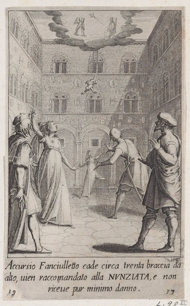 Accursio, from Scelta d'Alcuni Miracoli e Grazie della Santissima Nunziata di Firenze (Selection of Some Miracles and Graces that Occurred in the Church of the Annunziata in Florence) — Jacques Callot