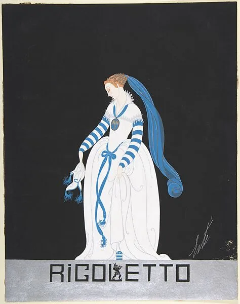 Design for White Dress with Blue Sash and Blue and White Striped Sleeves for Ganna Walska in "Rigoletto" by the Chicago Opera Company — Erté (Romain de Tirtoff)