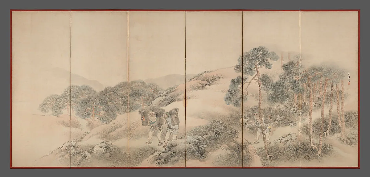 松村呉春筆 山樵漁夫図屏風|Woodcutters and Fishermen — Matsumura Goshun