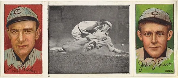 "Evers Makes a Safe Slide," with John J. Evers and James P. Archer, from the series Hassan Triple Folders (T202) — Hassan Cigarettes