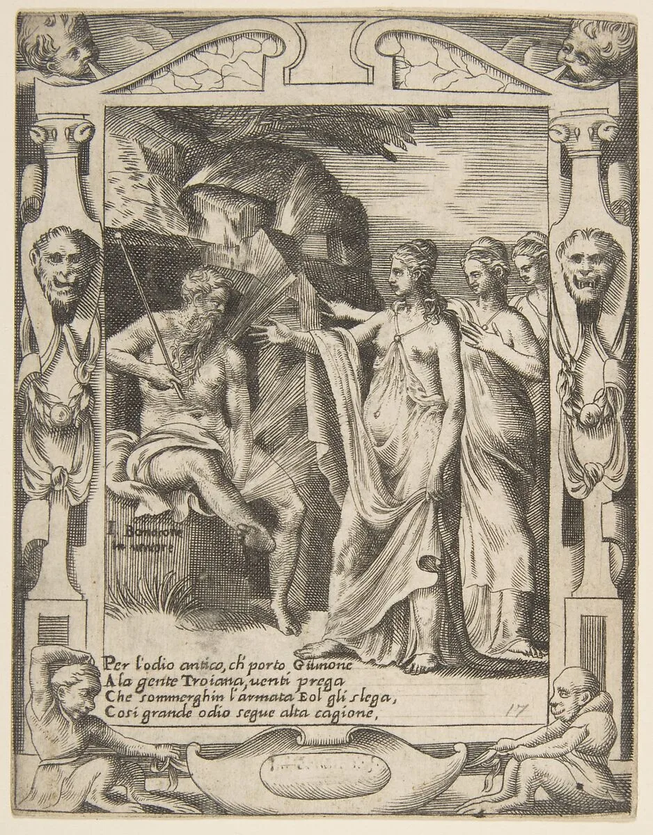 Juno asks Aeolus to raise a storm against the Trojan fleet, set within an elaborate frame, from "Loves, Rages and Jealousies of Juno" — Giulio Bonasone
