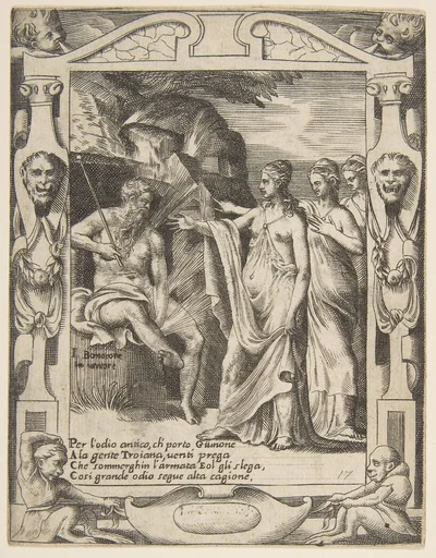 Juno asks Aeolus to raise a storm against the Trojan fleet, set within an elaborate frame, from "Loves, Rages and Jealousies of Juno"