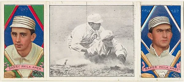 "Chase Safe at Third," with F. Baker and J. Barry, from the series Hassan Triple Folders (T202) — Hassan Cigarettes