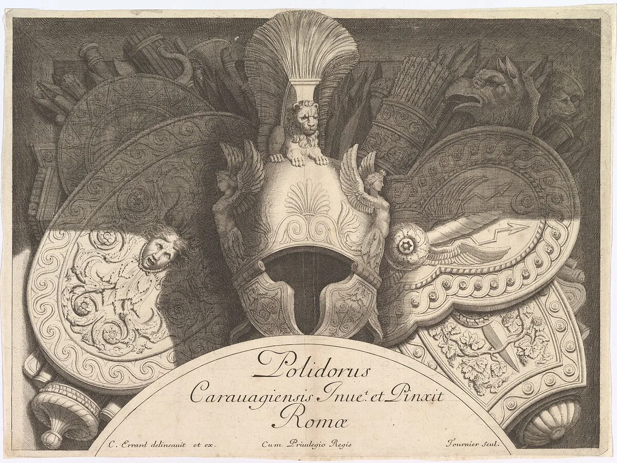 Divers Trophées (Weapon Trophies after the Façade of Palazzo Milesi in Rome) — Charles Errard le fils|Polidoro da Caravaggio|Georges Tournier