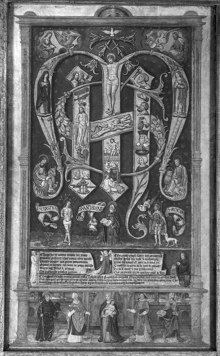 Sacred Monogram with the Trinity, Instruments of the Passion, and Saints — Anonymous, French, Paris?, 15th century