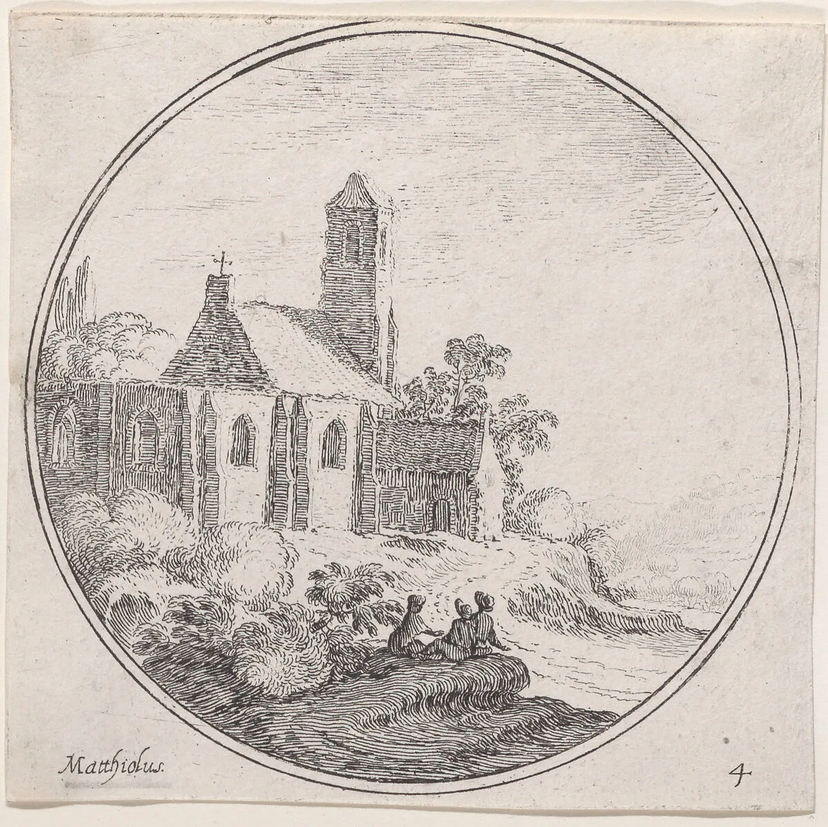 Plate 4: three figures seated outside of a church — Lodovico Mattioli