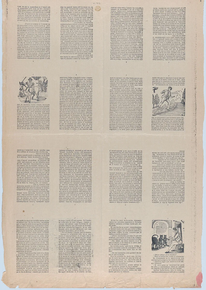 An uncut sheet printed on both sides with pages from 'Perucho el Valeroso' and 'Perlina la encantadora' — José Guadalupe Posada|Antonio Vanegas Arroyo