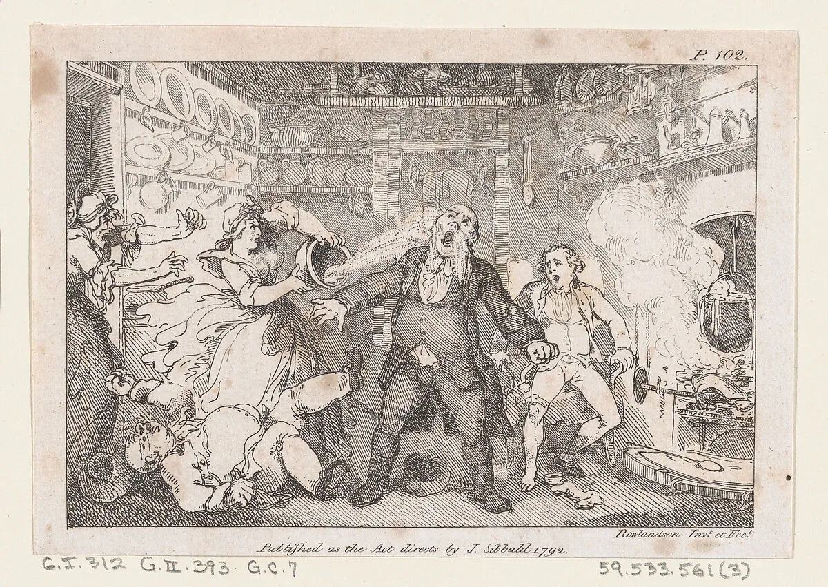Hostess Discharges a Pan of Blood into the Face of Parson Andrews, from "The Adventures of Joseph Andrews, and his friend Mr. Abraham Adams" — Henry Fielding|James Sibbald|Thomas Rowlandson