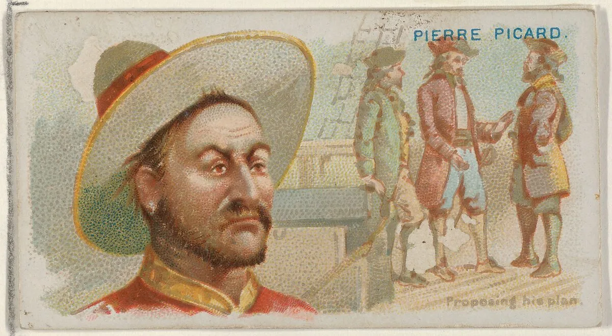 Pierre Picard, Proposing His Plan, from the Pirates of the Spanish Main series (N19) for Allen & Ginter Cigarettes — George S. Harris & Sons|Allen & Ginter