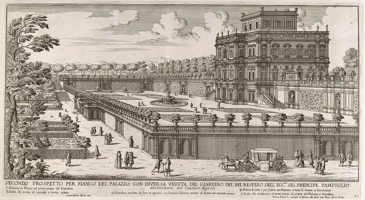 View of the side facade of the Palazzo Pamphili and its garden (Secondo prospetto per fianco del palazzo con diversa veduta del giardino del Bel respiro...Pamphilio) — Simon Felice|Giovanni Giacomo De Rossi
