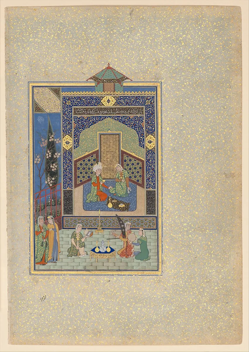 "Bahram Gur in the Turquoise Palace on Wednesday", Folio 216 from a Khamsa (Quintet) of Nizami of Ganja — Sultan Muhammad Nur|Mahmud Muzahib|Shaikh Zada|Nizami