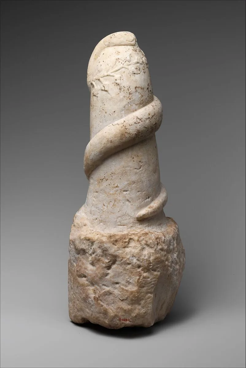 Marble pillar with snake and wreath — Unknown