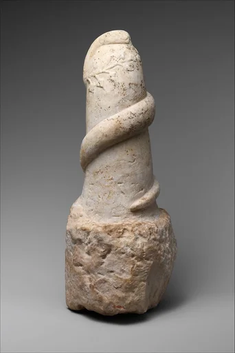 Marble pillar with snake and wreath