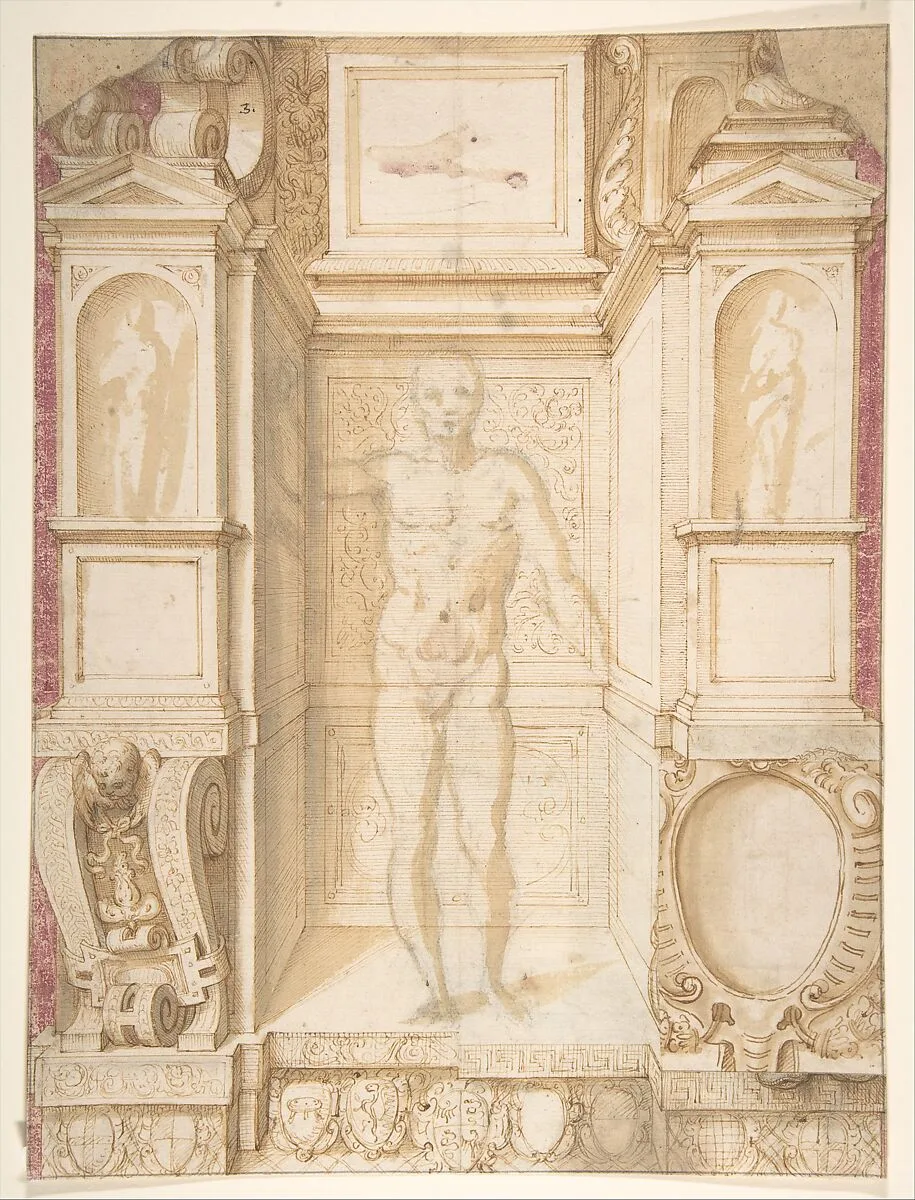 Study of a Figure in a Niche (Saint Ambrose; recto); Architectural Studies: Four Alternative Designs for Fictive Niches and an Unrelated Design with Garlands (verso), ca. 1560-67 — Giuseppe Arcimboldo